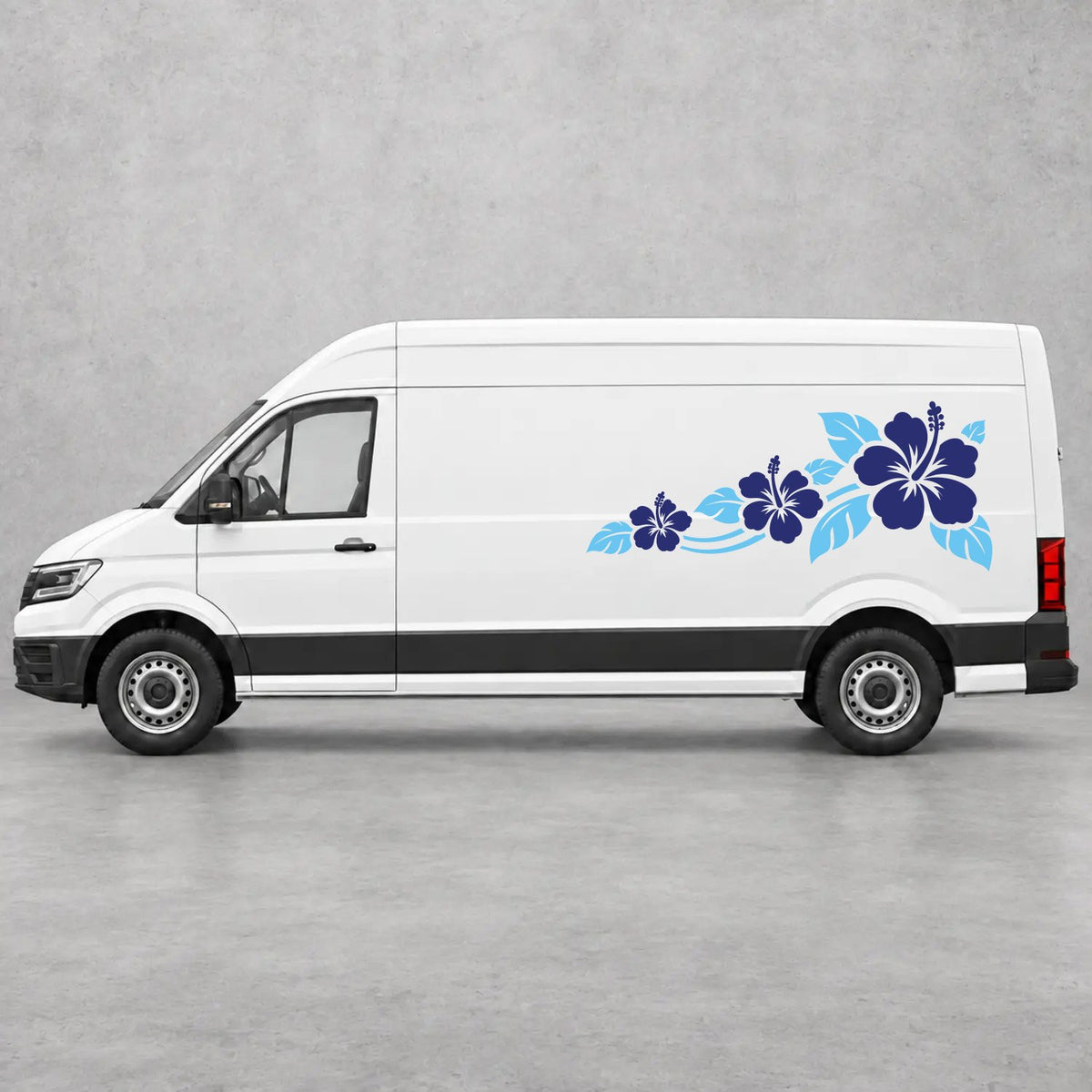 VW Crafter Hibiscus Flower Trail Side Graphics in Light Blue & Navy Blue