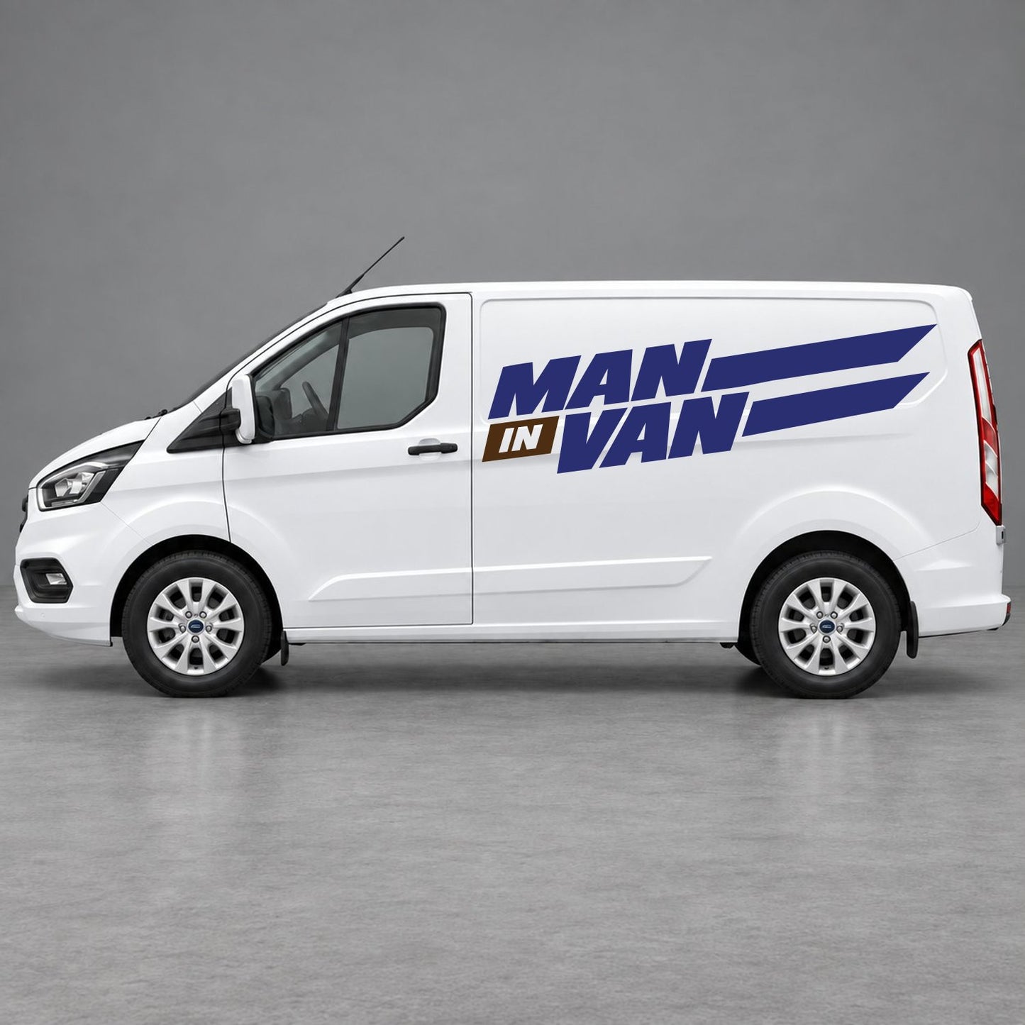 Ford Transit Custom Man in Van Side Stripes in Navy Blue & Brown