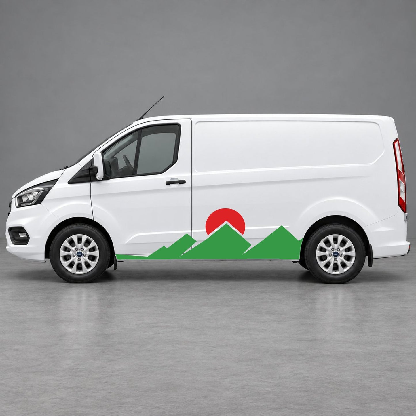 Ford Transit Custom Minimal Mountain Peak Side Graphics in Green & Red