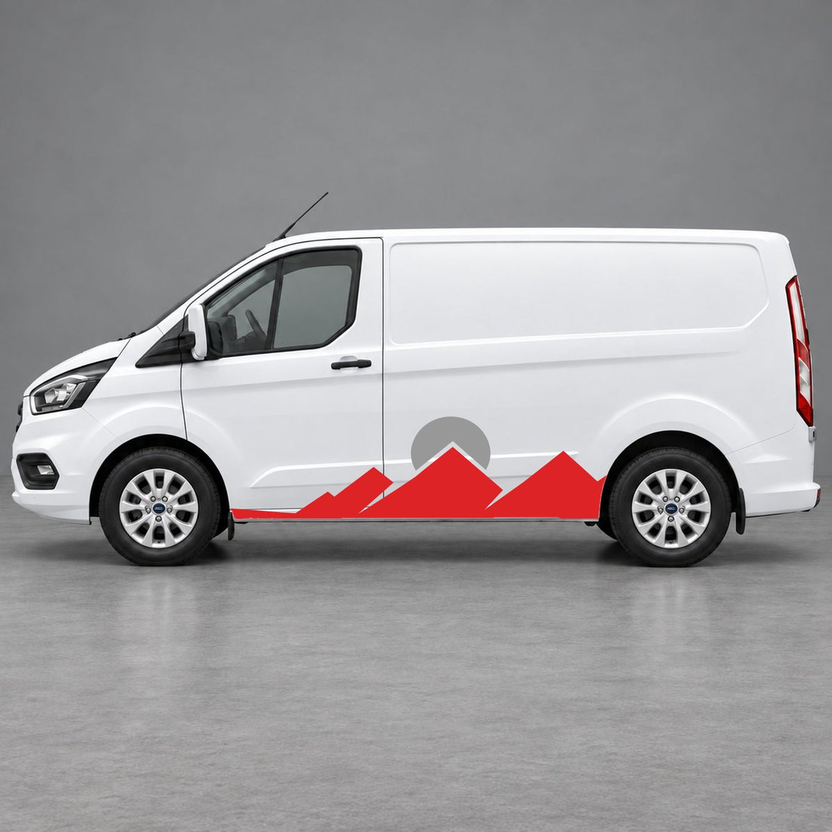 Ford Transit Custom Minimal Mountain Peak Side Graphics in Red & Grey
