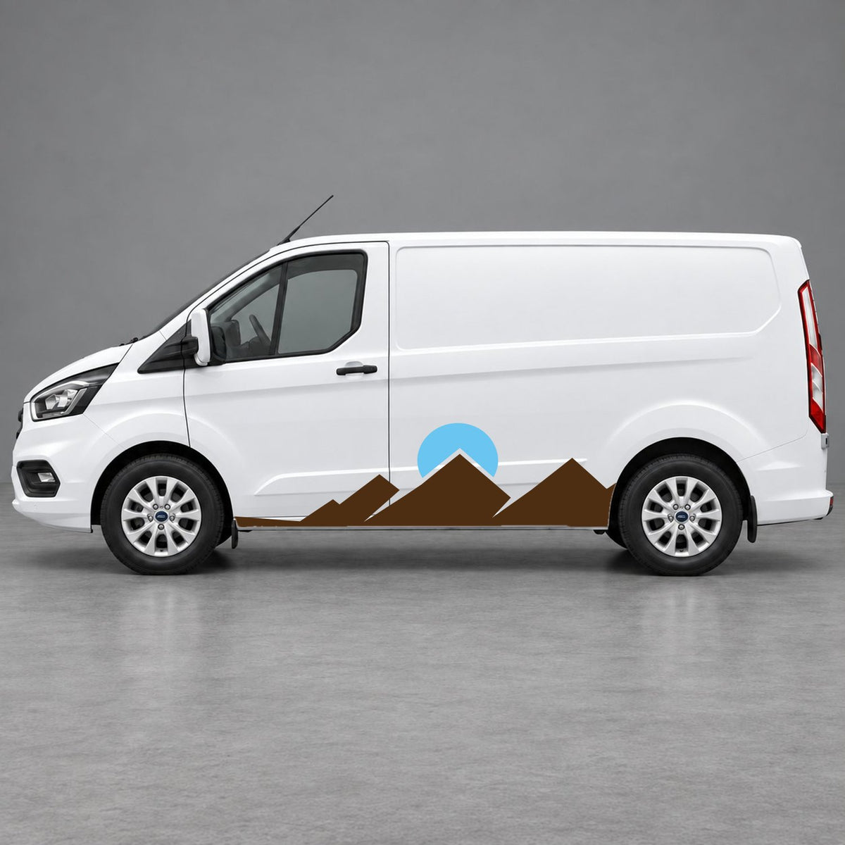 Ford Transit Custom Minimal Mountain Peak Side Graphics in Brown & Light Blue