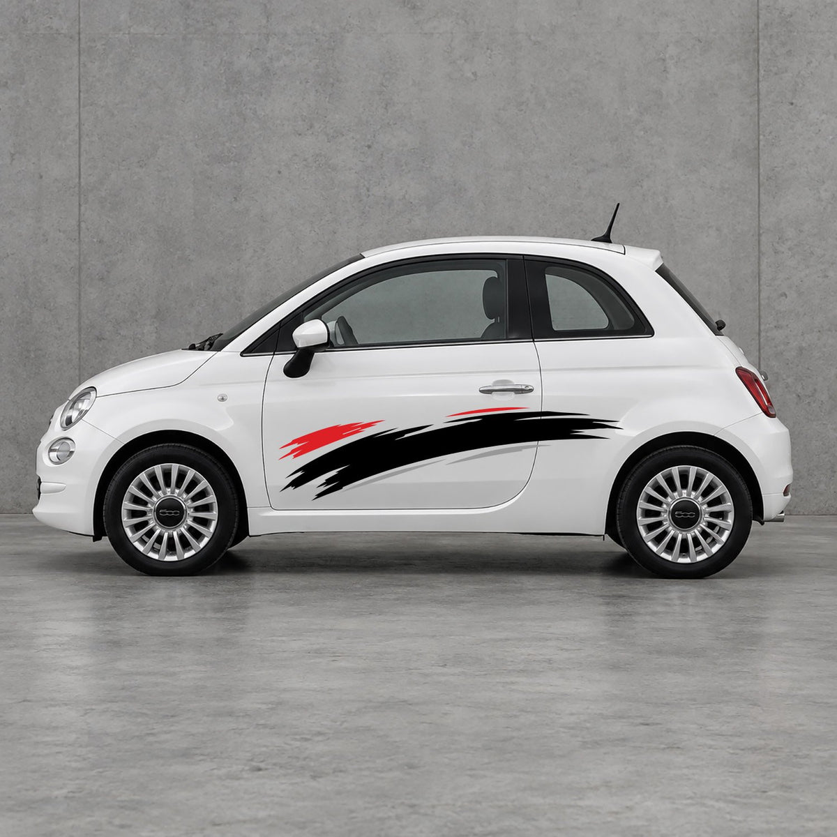 Fiat 500 Italian Red Brush Side Graphics Kit - Pair Supplied in Grey & Black