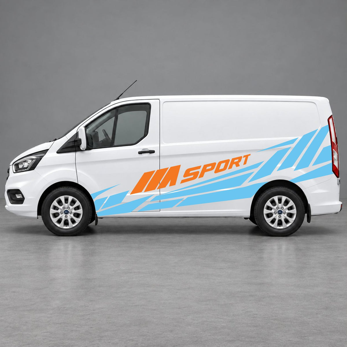 Ford Transit Custom M Sport Racing Side Graphics in Light Blue & Orange