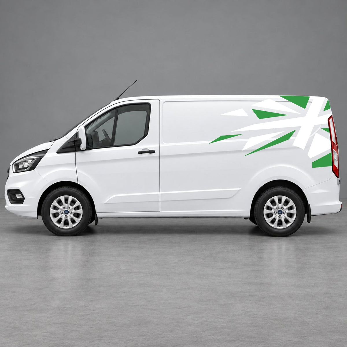 Ford Transit Custom Shattered Union Jack Side Graphics in Green & White