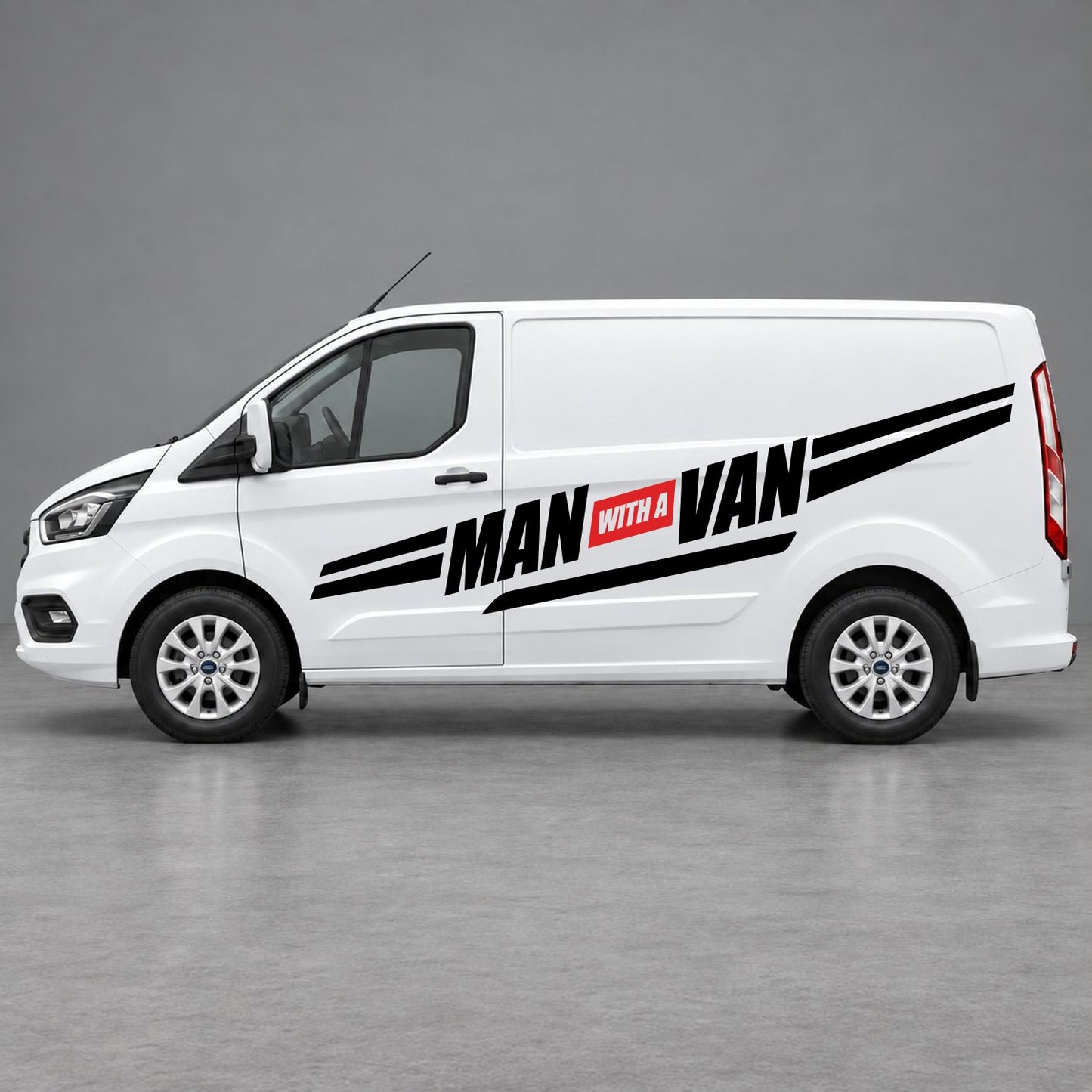 Ford Transit Custom Man with a Van Side Stripes in Black & Red
