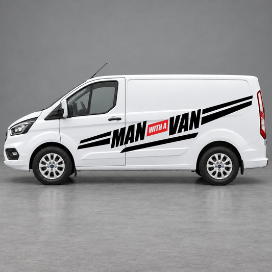 Ford Transit Custom Man with a Van Side Stripes in Black & Red