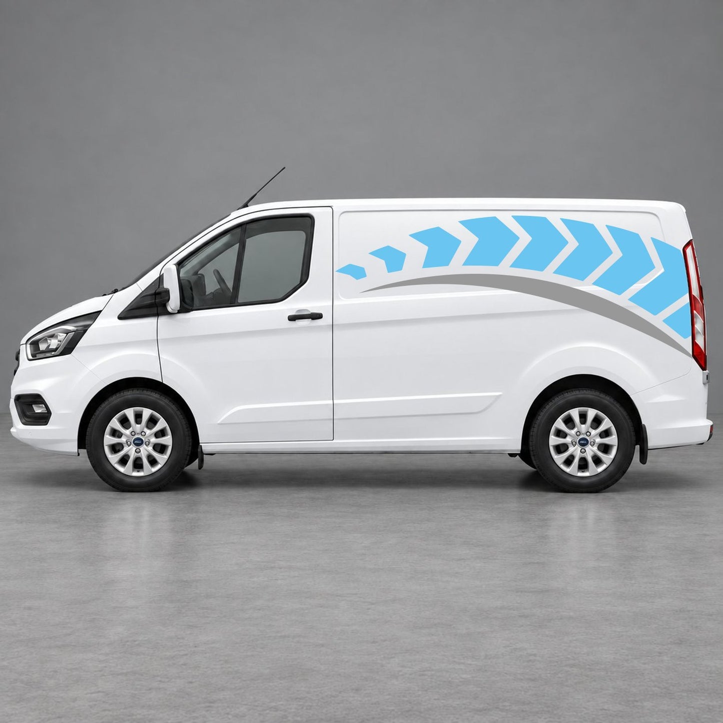 Ford Transit Custom Chevron Track Side Graphics in Light Blue & Grey