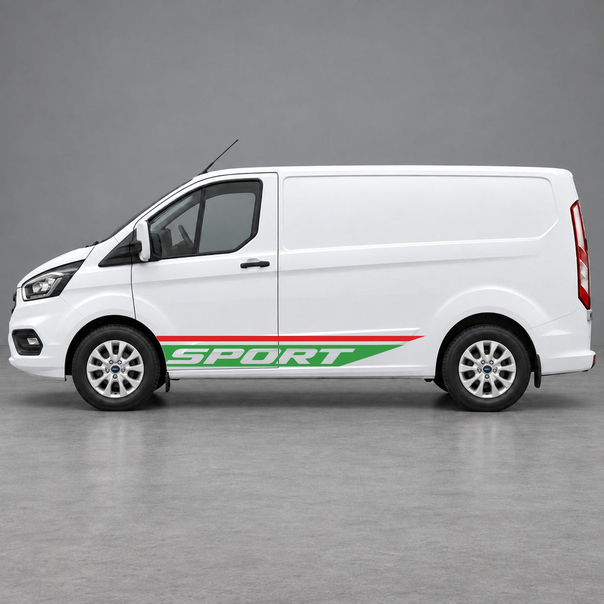 Ford Transit Custom Sport Swoosh Lower Side Stripes in Red & Green