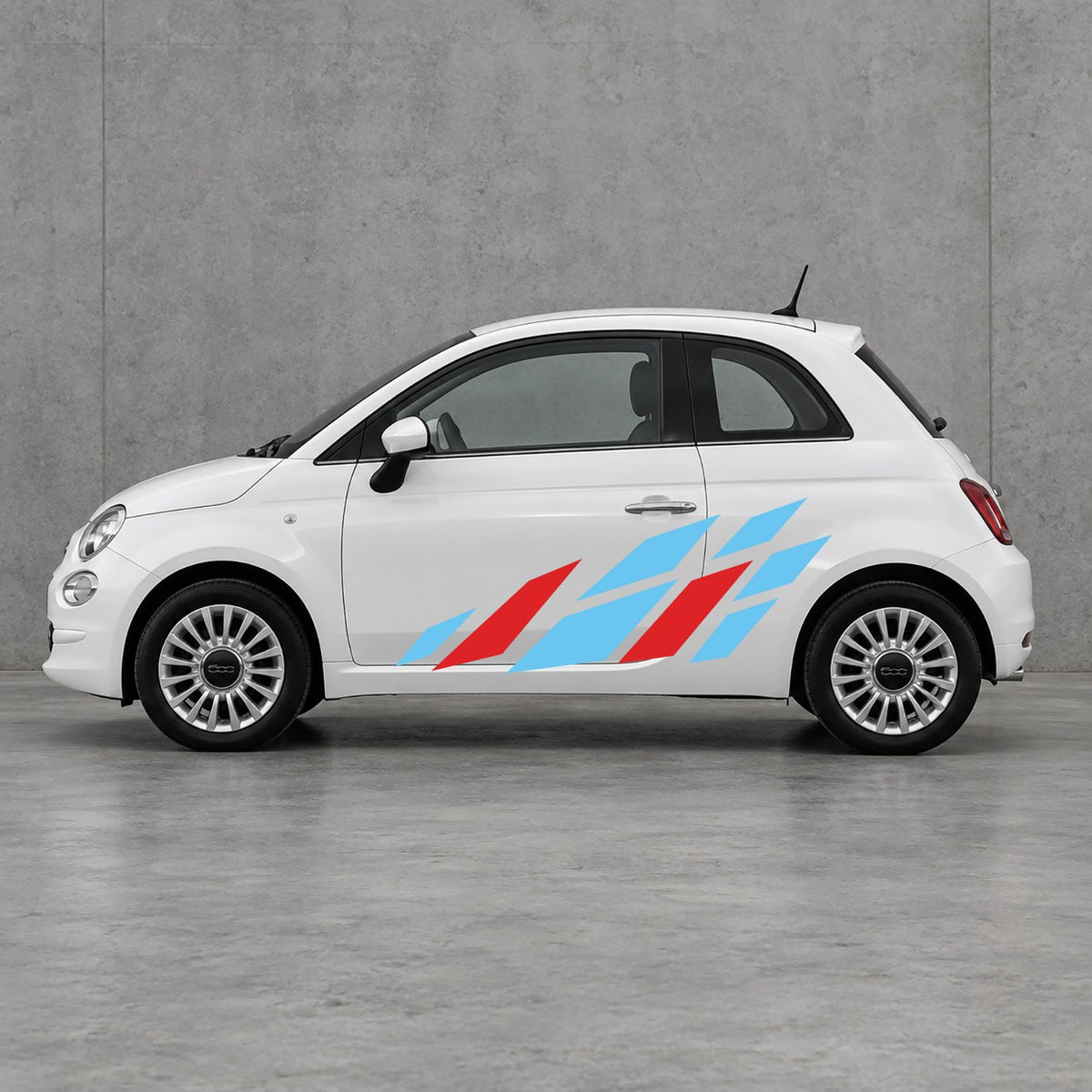 Fiat 500 Racing Flag Side Graphics Kit - Pair Supplied in Light Blue & Red