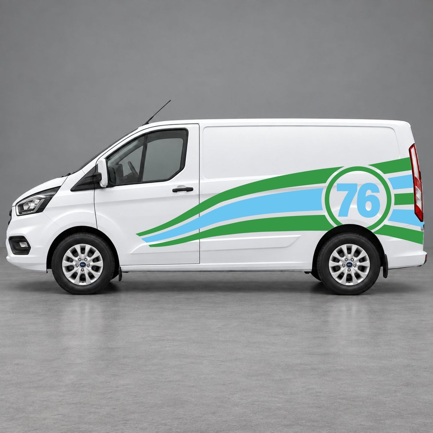 Ford Transit Custom Personalised Number 76 Racing Side Graphics in Green & Light Blue
