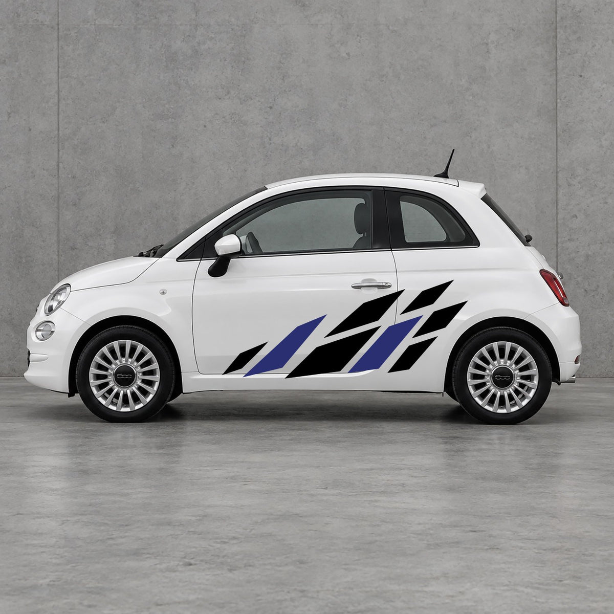 Fiat 500 Racing Flag Side Graphics Kit - Pair Supplied in Black & Navy Blue