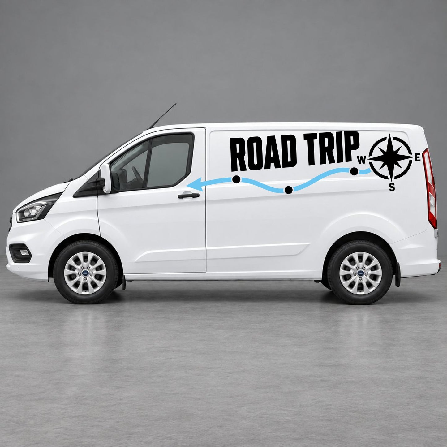 Ford Transit Custom Road Trip Route & Compass Side Graphics in Black & Light Blue