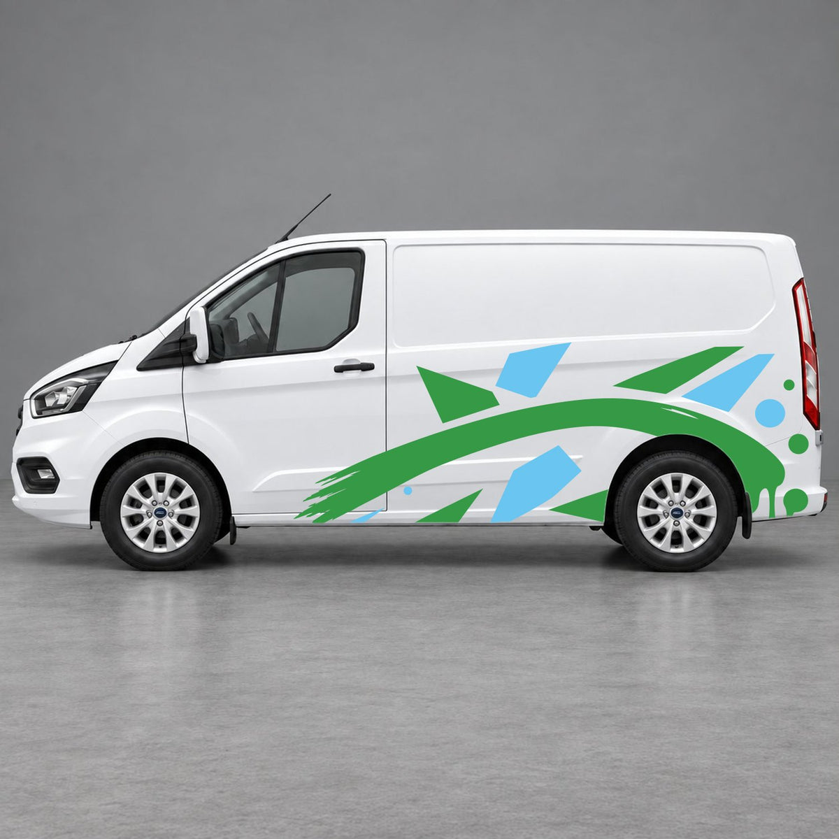 Ford Transit Custom Abstract Geometric Splash Side Graphics in Light Blue & Green