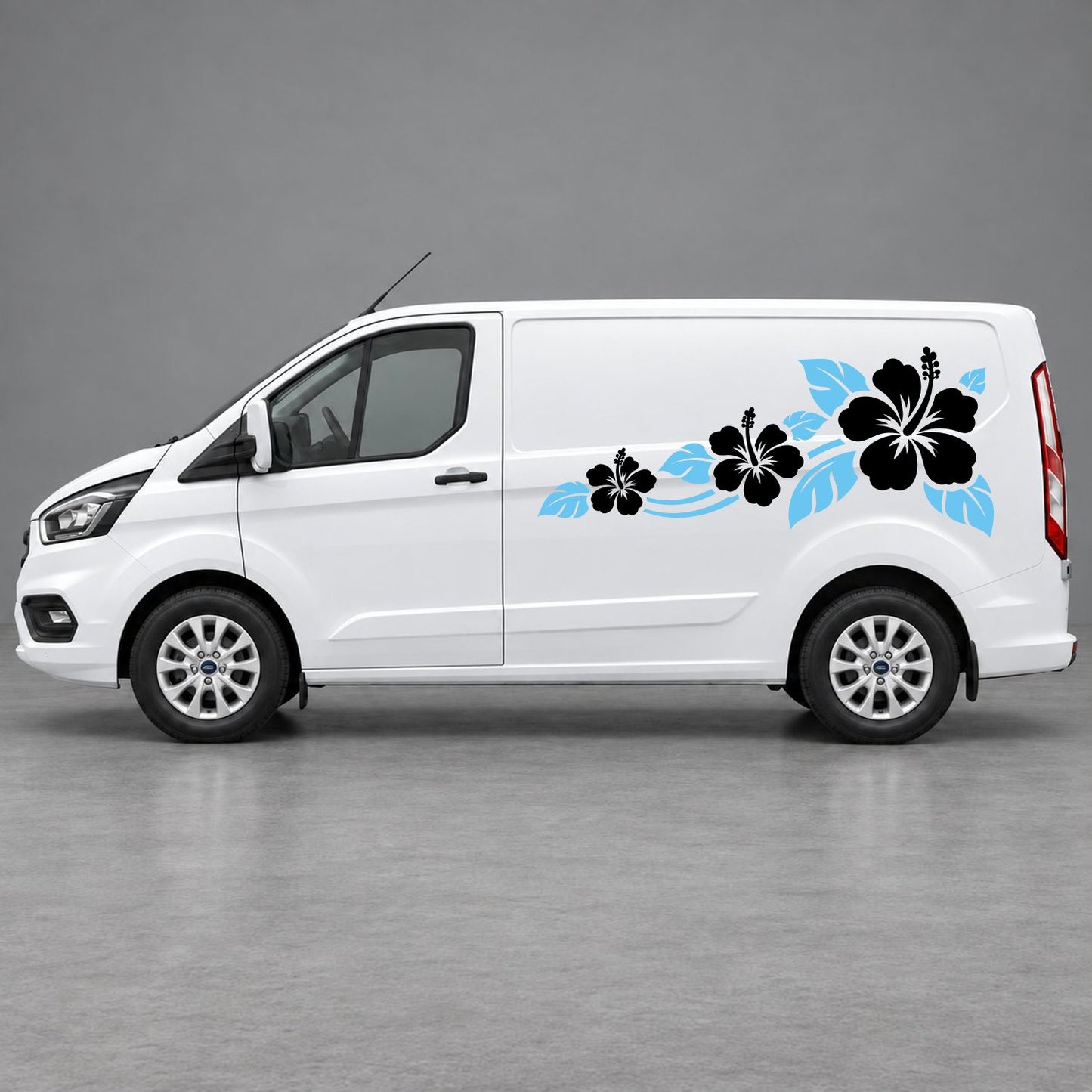 Ford Transit Custom Hibiscus Flower Trail Side Graphics in Light Blue & Black