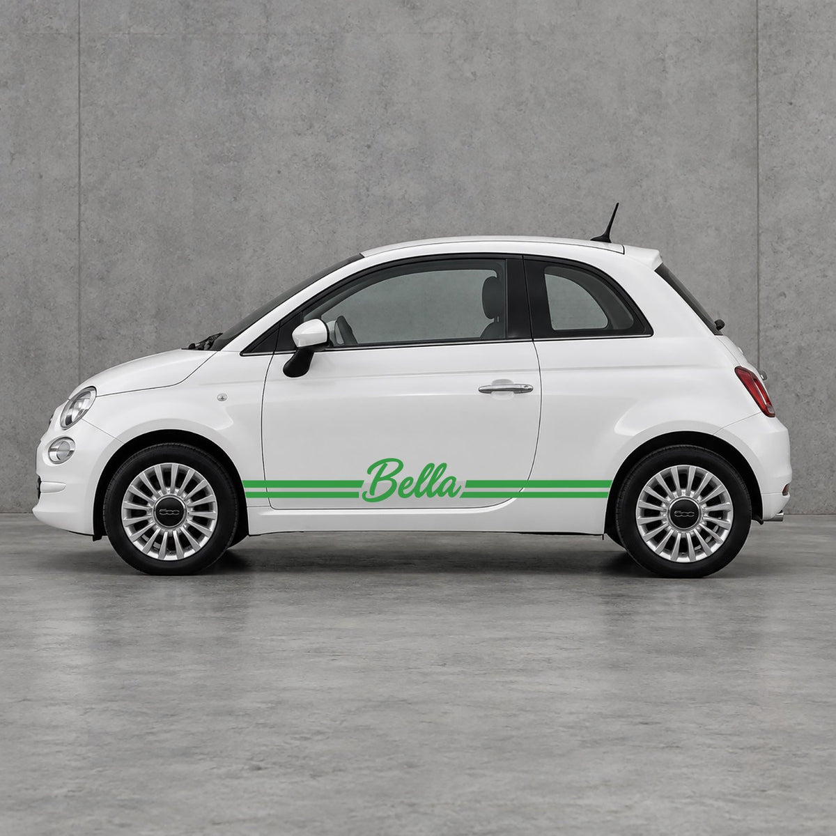 Fiat 500 Personalised Name Side Stripes Kit - Pair Supplied in Green