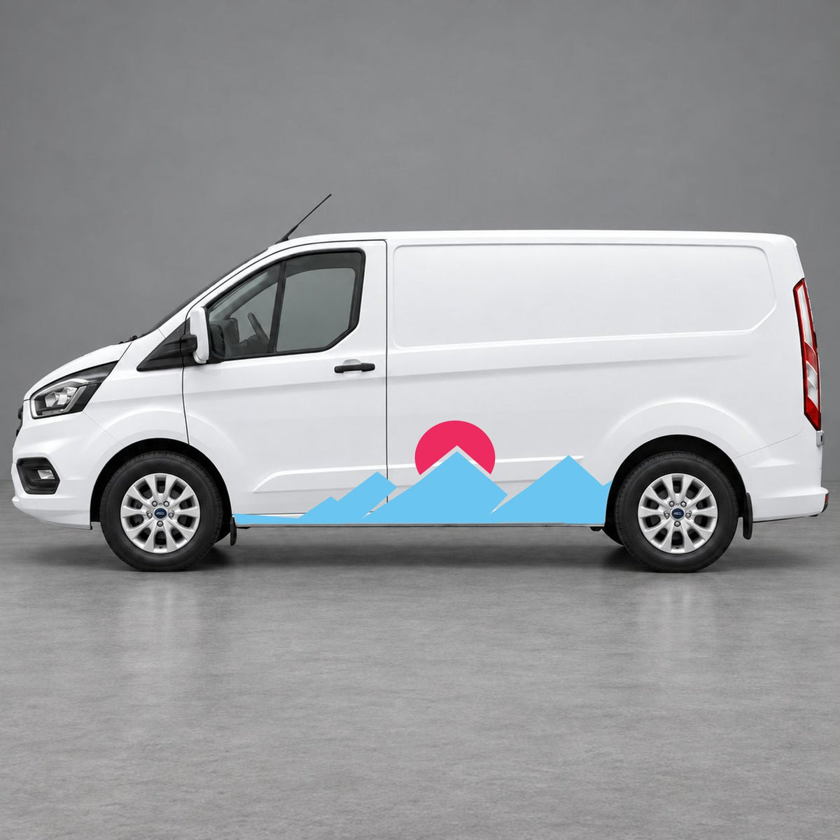 Ford Transit Custom Minimal Mountain Peak Side Graphics in Light Blue & Pink
