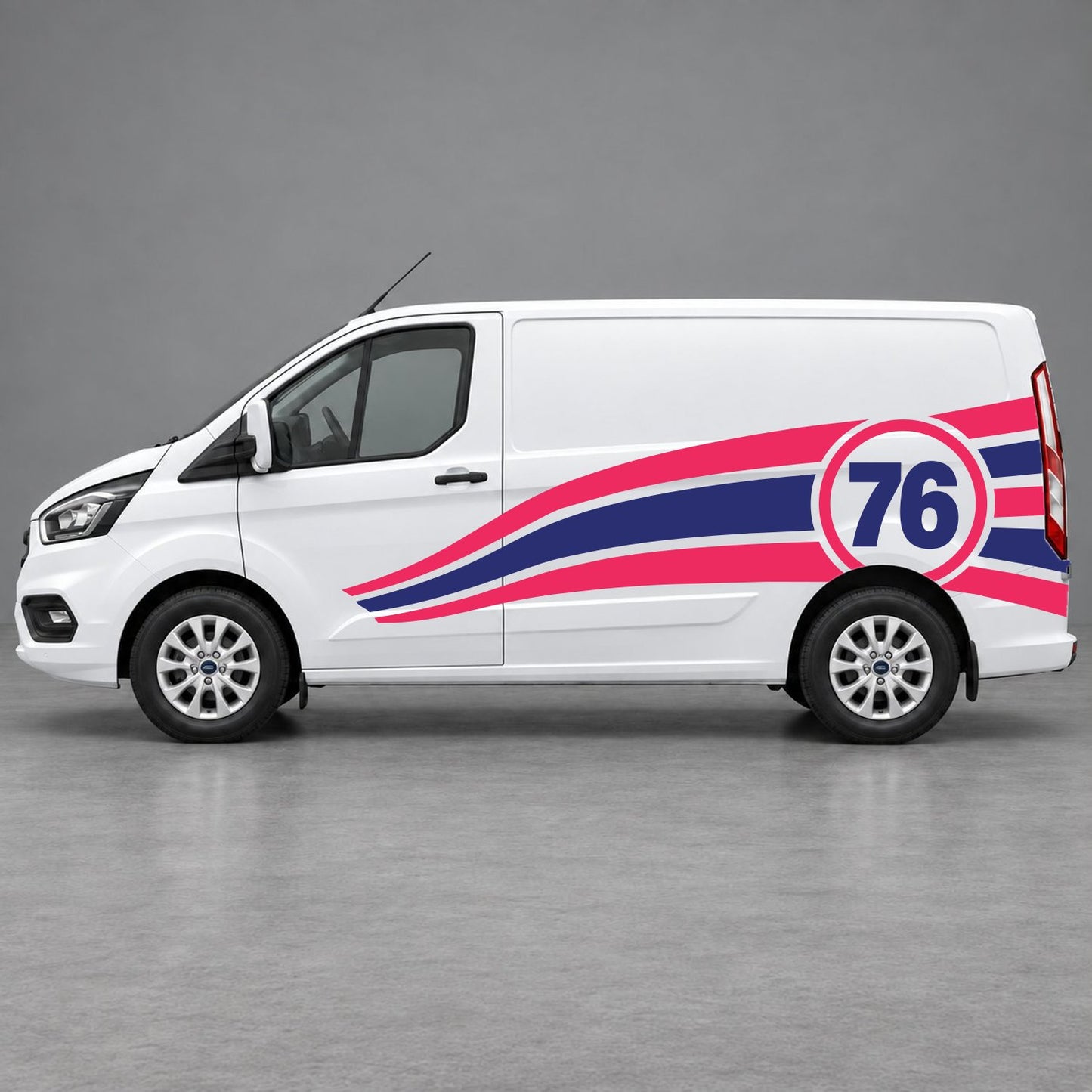 Ford Transit Custom Personalised Number 76 Racing Side Graphics in Pink & Navy Blue