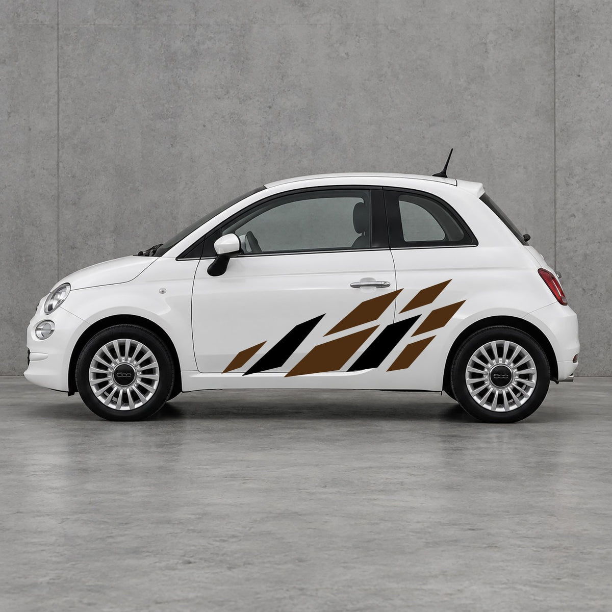 Fiat 500 Racing Flag Side Graphics Kit - Pair Supplied in Brown & Black