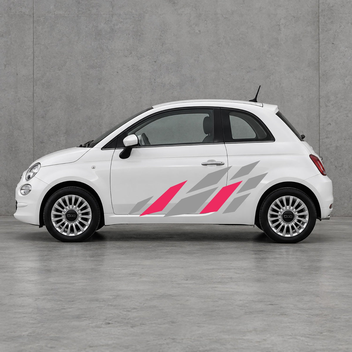 Fiat 500 Racing Flag Side Graphics Kit - Pair Supplied in Grey & Pink