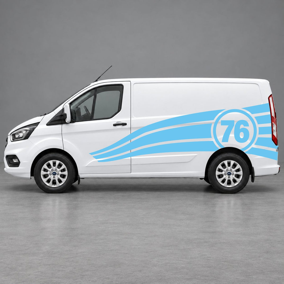 Ford Transit Custom Personalised Number 76 Racing Side Graphics in Light Blue & Light Blue