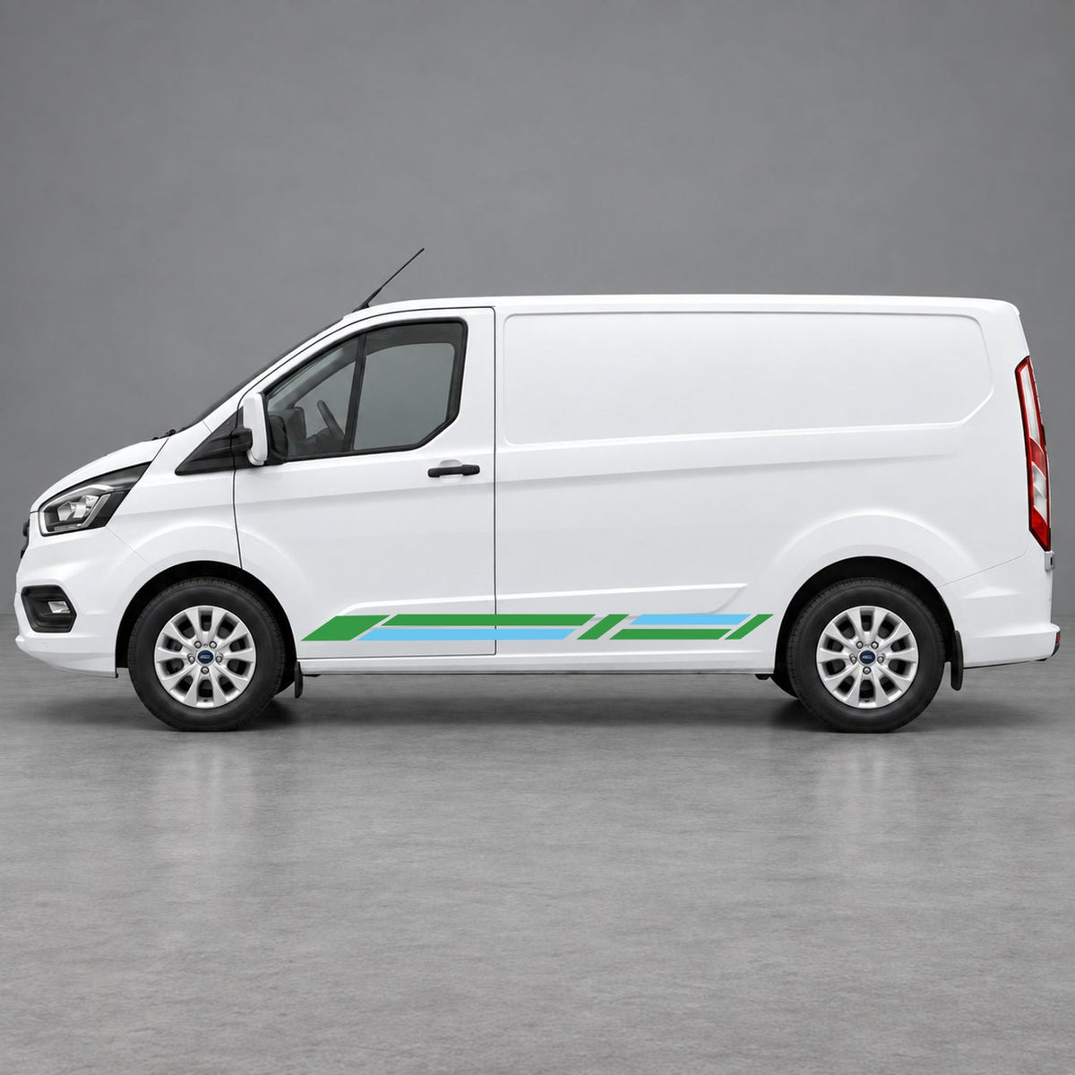 Ford Transit Custom Geometric Lower Side Stripes in Green & Light Blue