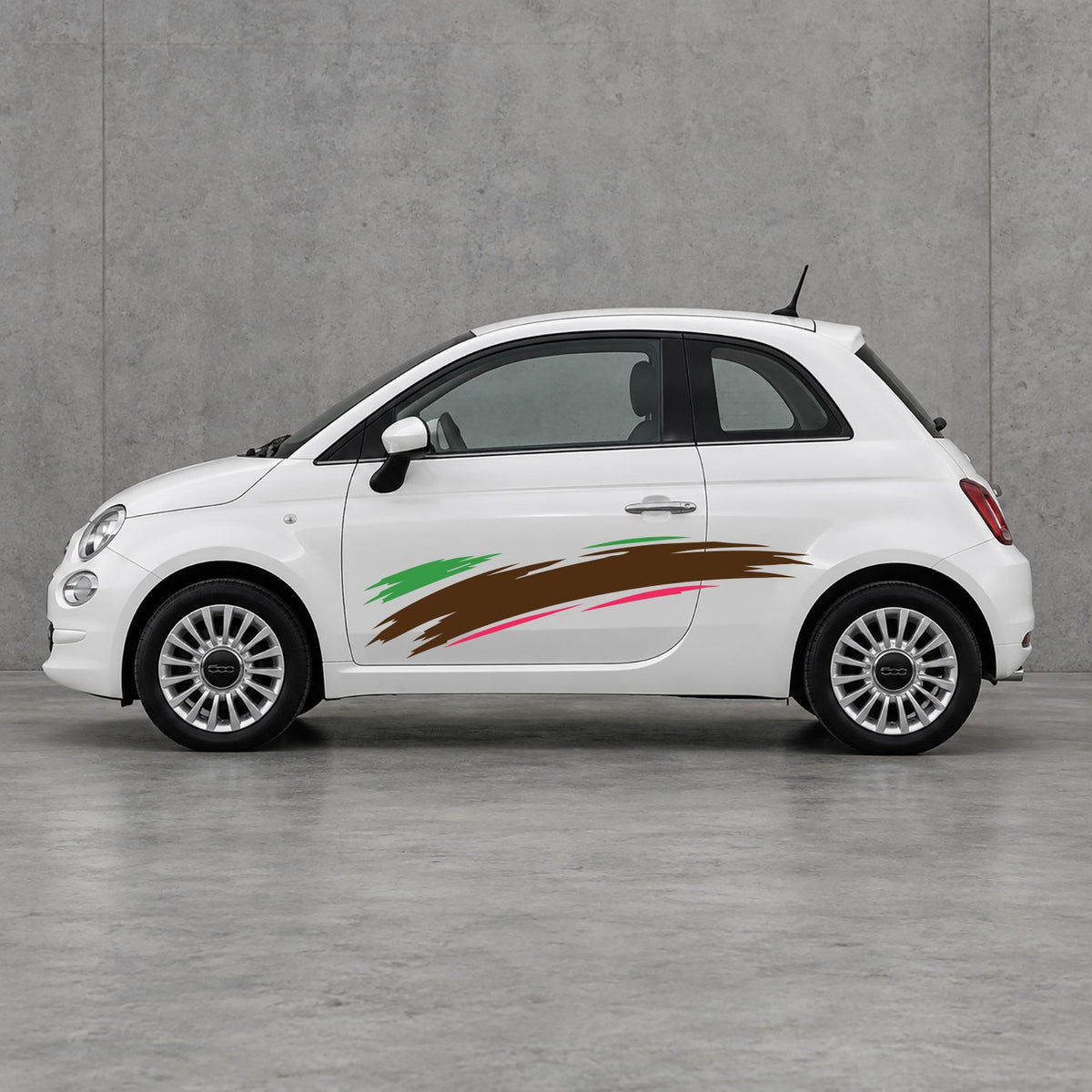 Fiat 500 Italian Green Brush Side Graphics Kit - Pair Supplied in Brown & Pink