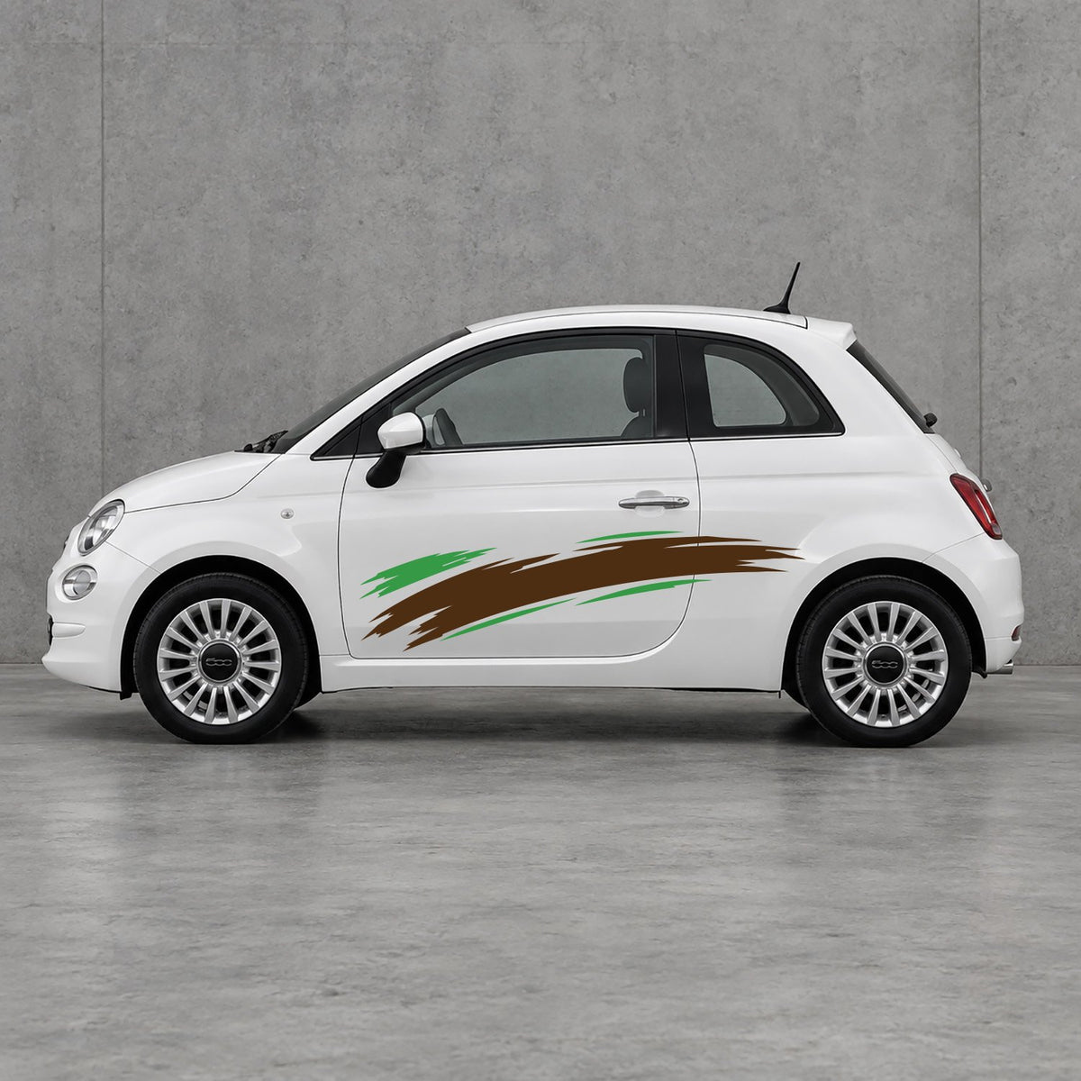 Fiat 500 Italian Green Brush Side Graphics Kit - Pair Supplied in Brown & Green