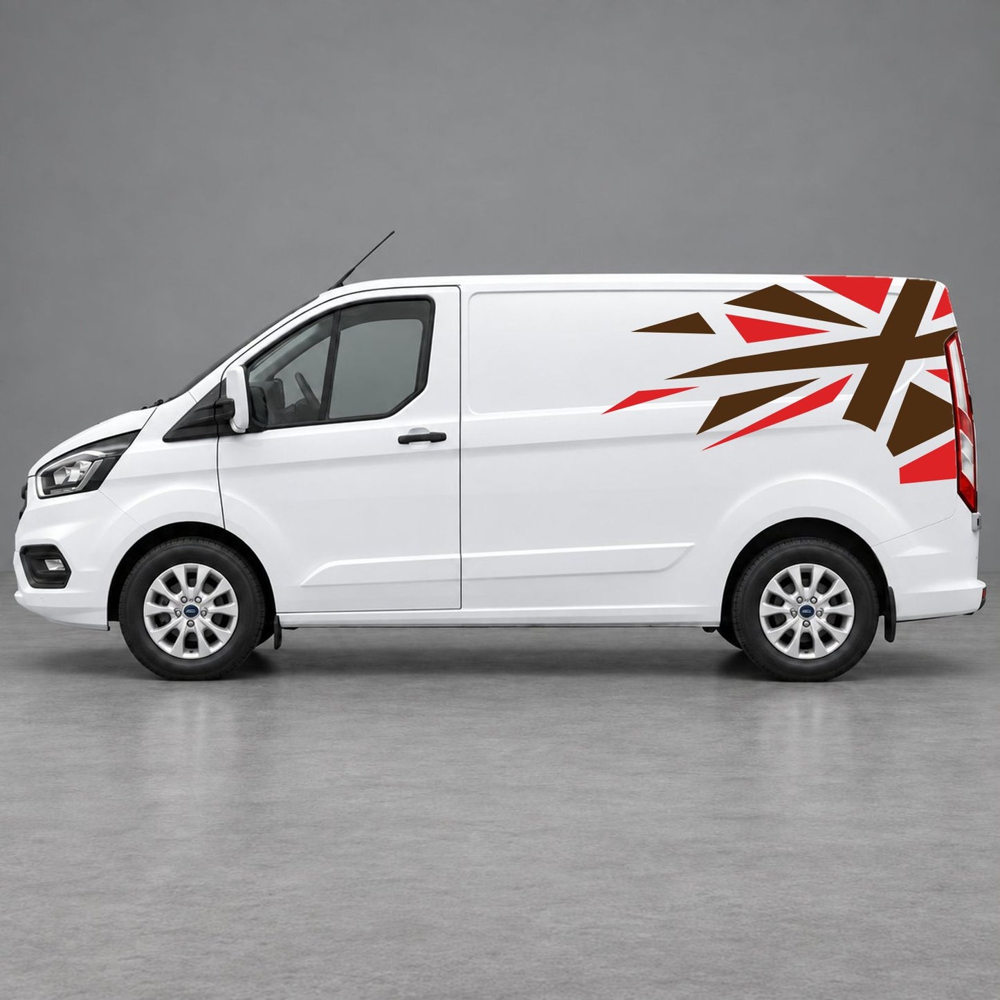 Ford Transit Custom Shattered Union Jack Side Graphics in Red & Brown