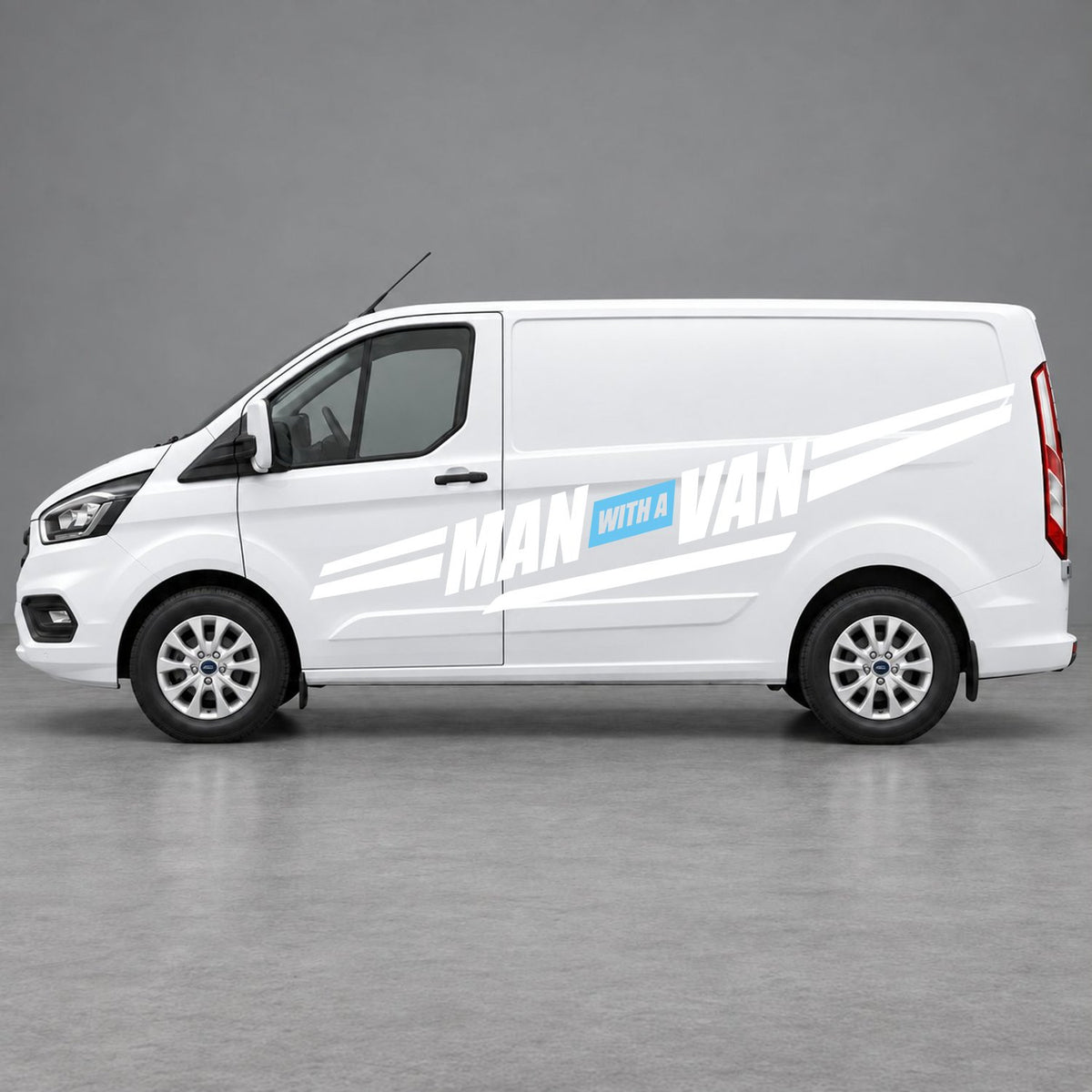 Ford Transit Custom Man with a Van Side Stripes in White & Light Blue