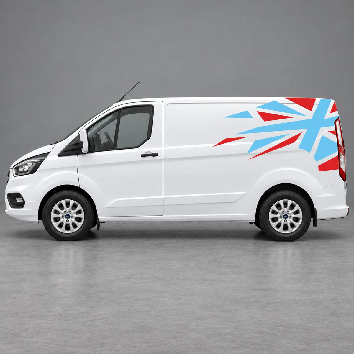 Ford Transit Custom Shattered Union Jack Side Graphics in Red & Light Blue