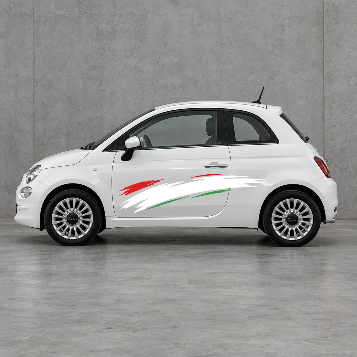 Fiat 500 Italian Red Brush Side Graphics Kit - Pair Supplied in Green & White