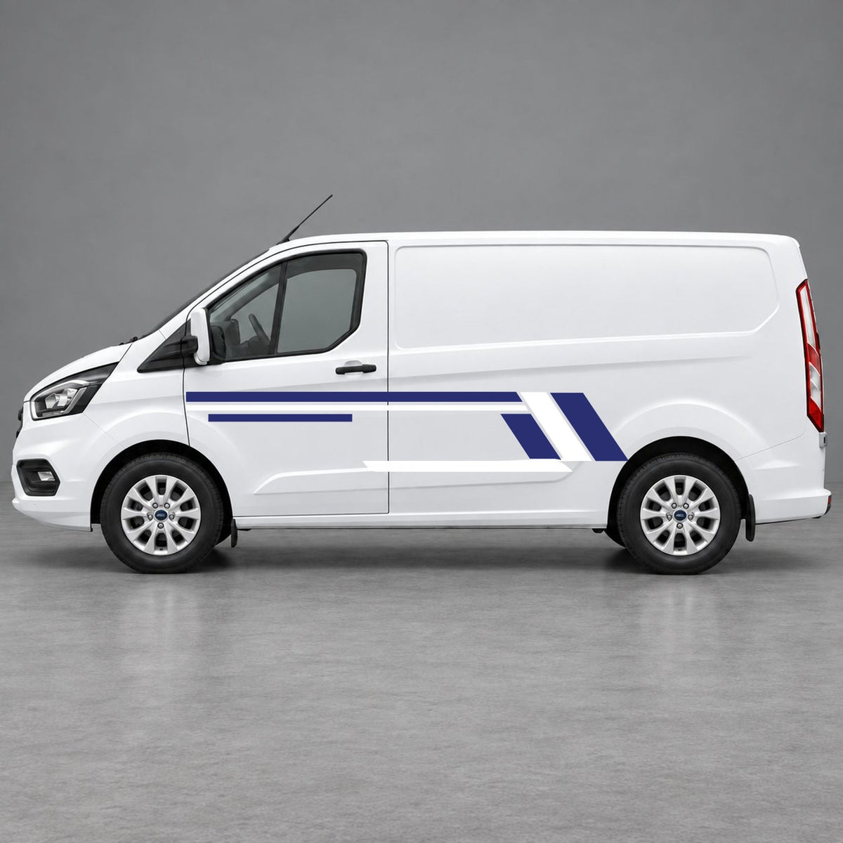 Ford Transit Custom Geometric Outline Side Stripes in Navy Blue & White