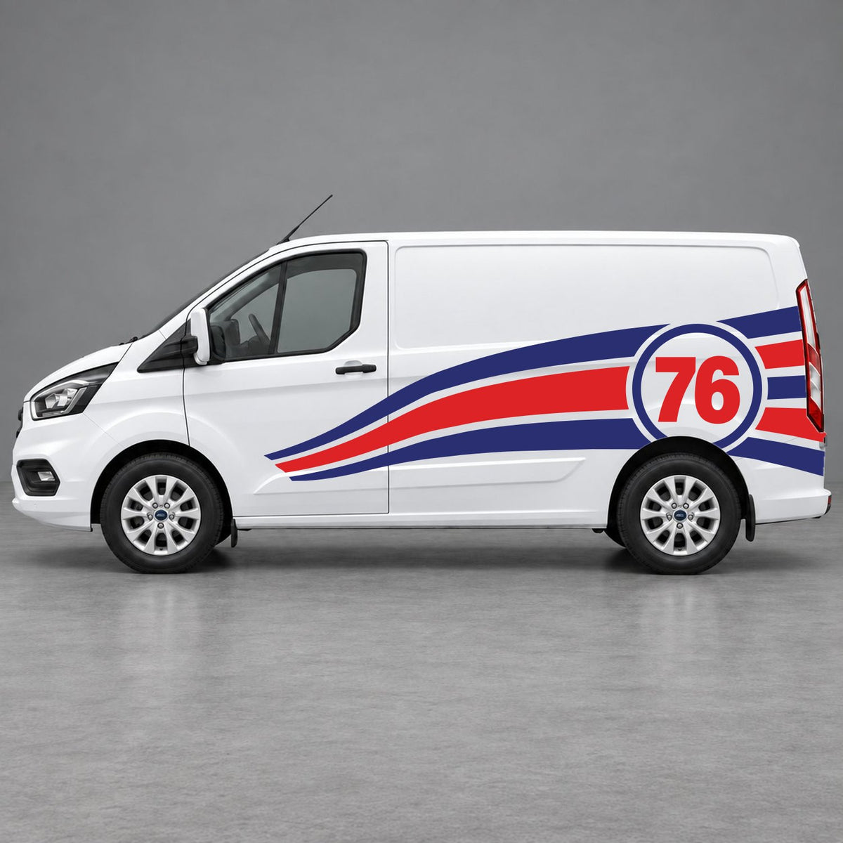 Ford Transit Custom Personalised Number 76 Racing Side Graphics in Navy Blue & Red