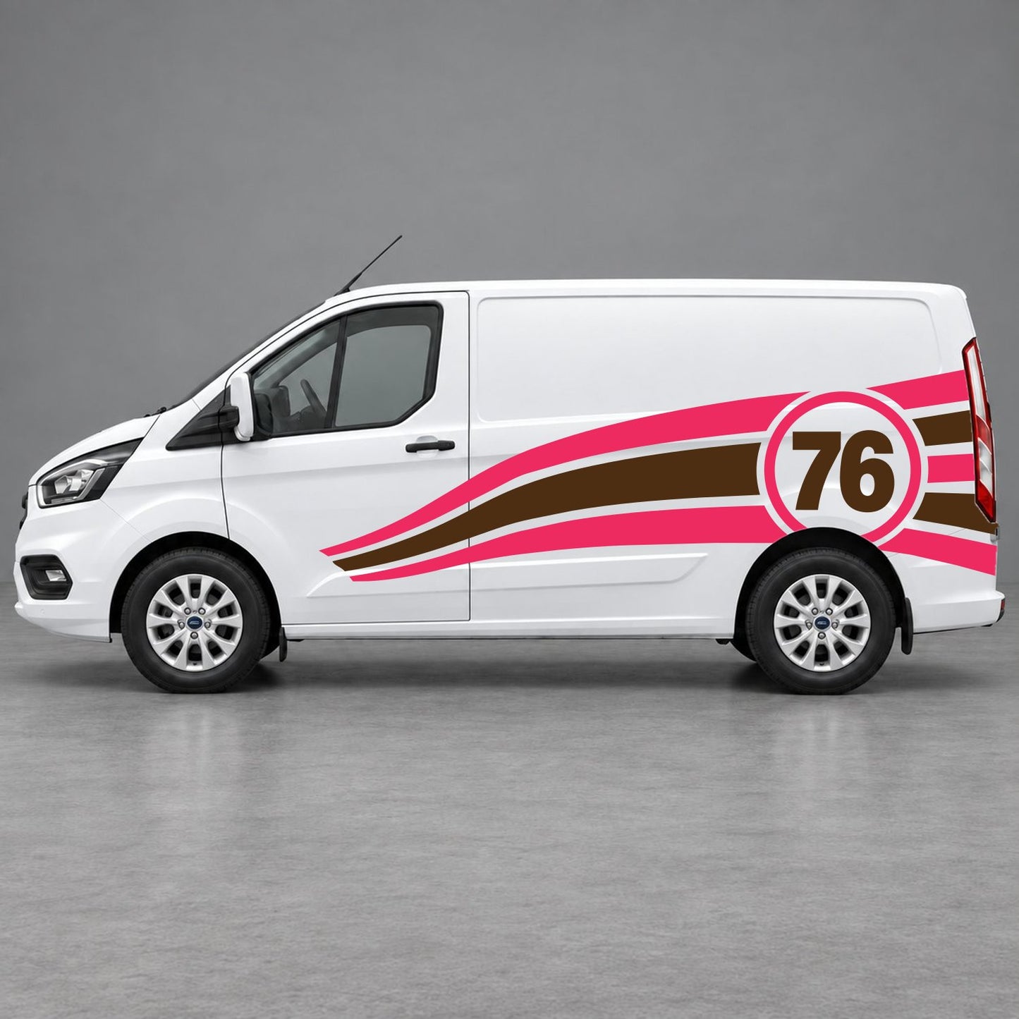 Ford Transit Custom Personalised Number 76 Racing Side Graphics in Pink & Brown