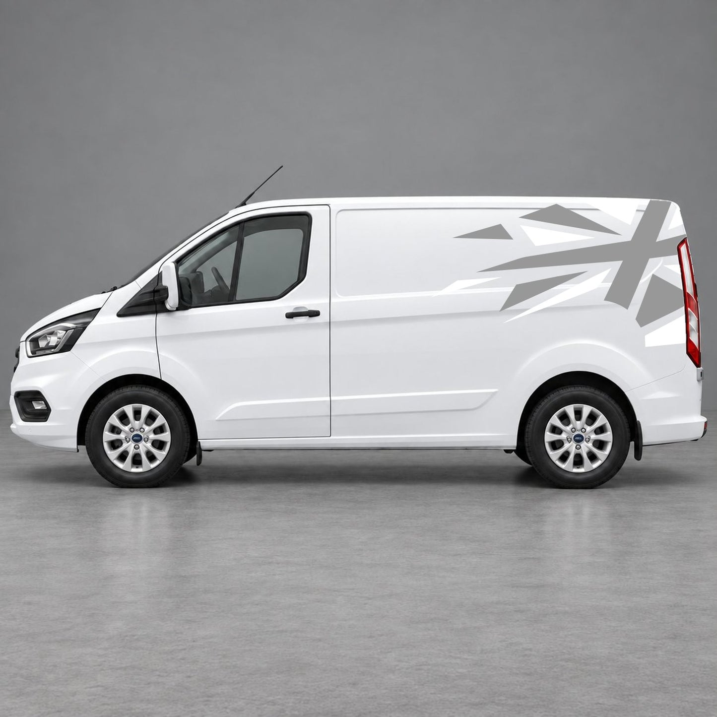 Ford Transit Custom Shattered Union Jack Side Graphics in White & Grey