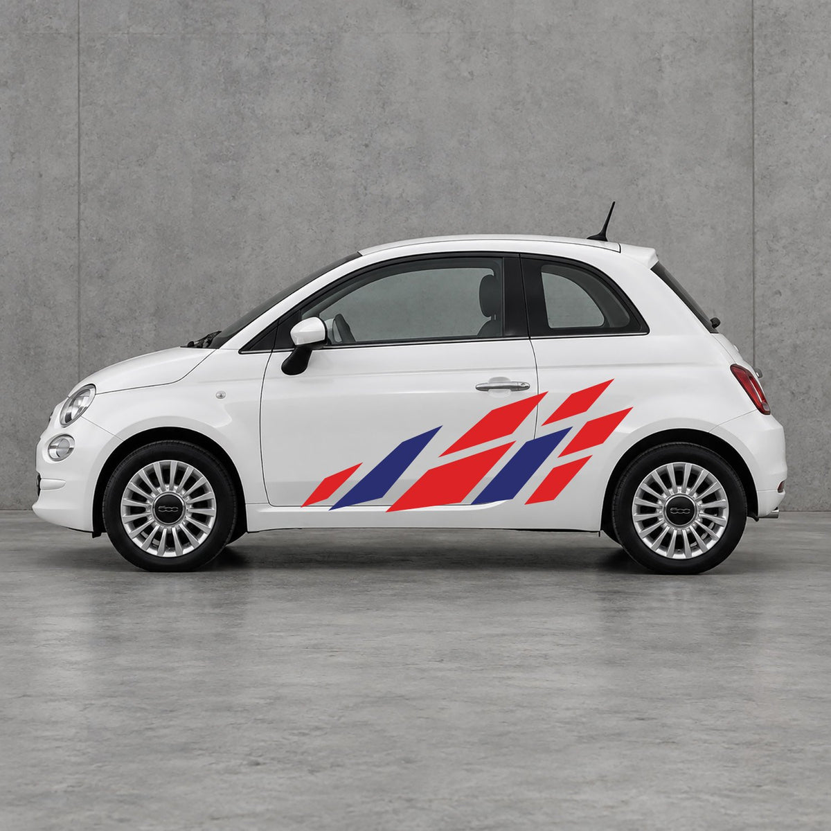 Fiat 500 Racing Flag Side Graphics Kit - Pair Supplied in Red & Navy Blue