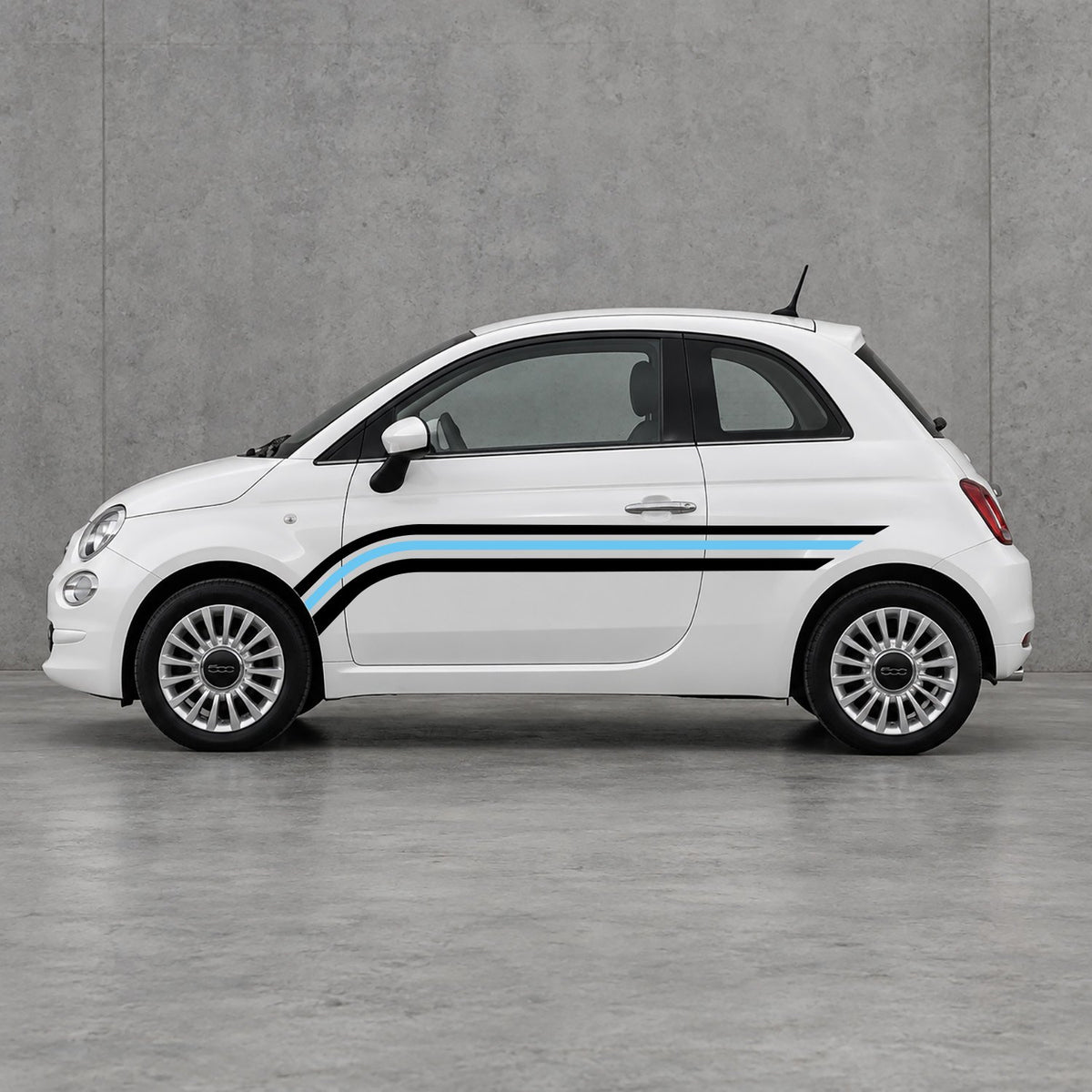 Fiat 500 Retro Triple Side Stripes Kit - Pair Supplied in Black & Light Blue