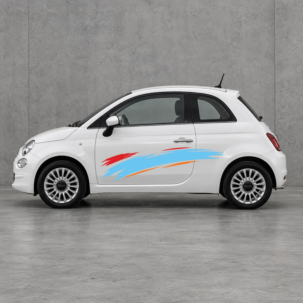 Fiat 500 Italian Red Brush Side Graphics Kit - Pair Supplied in Orange & Light Blue