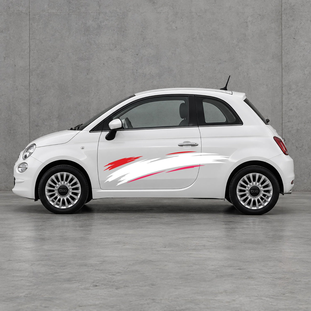 Fiat 500 Italian Red Brush Side Graphics Kit - Pair Supplied in Pink & White