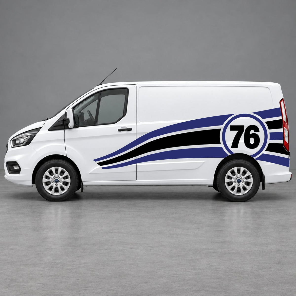 Ford Transit Custom Personalised Number 76 Racing Side Graphics in Navy Blue & Black