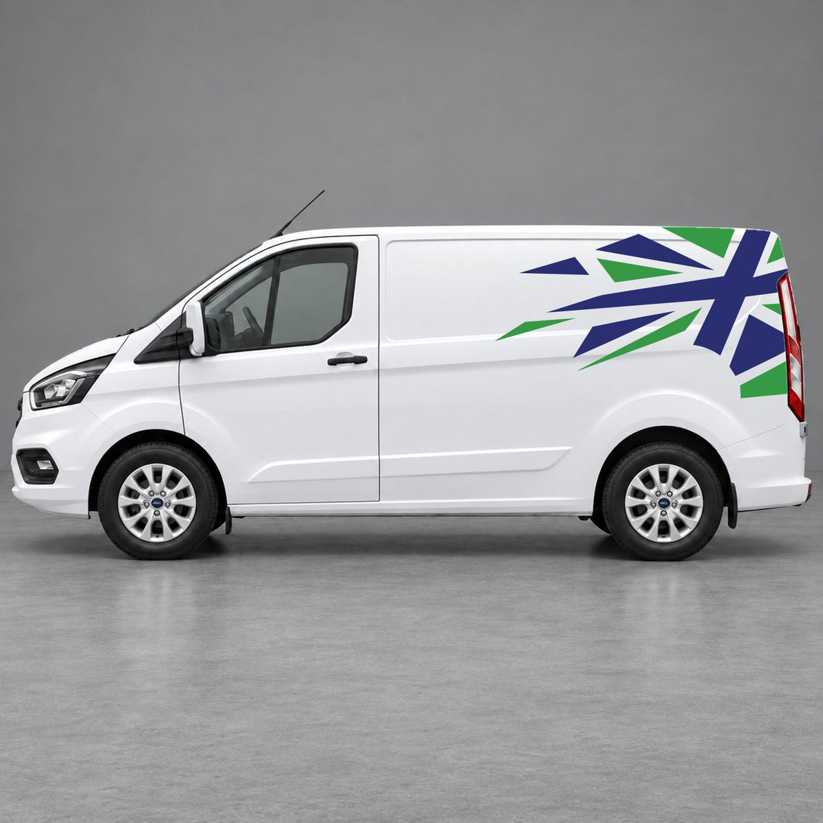 Ford Transit Custom Shattered Union Jack Side Graphics in Green & Navy Blue