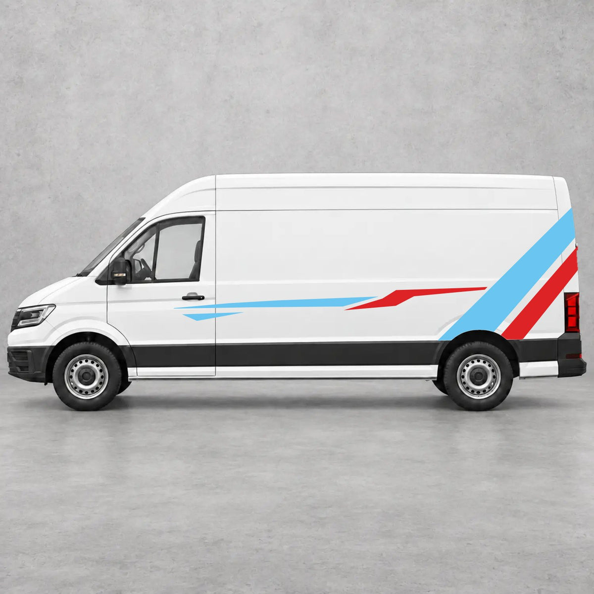 VW Crafter Bold Rear Diagonal Side Stripes in Light Blue & Red