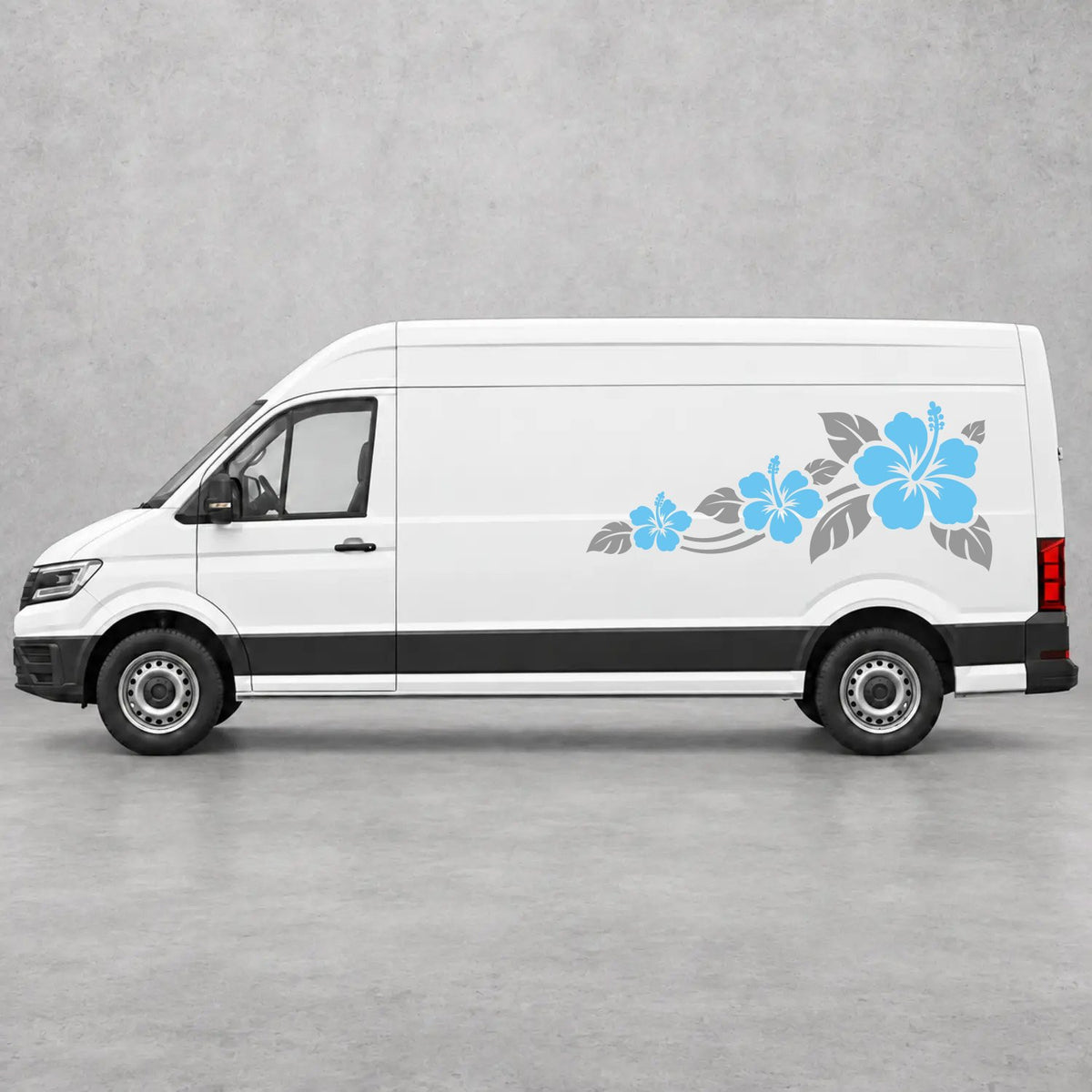 VW Crafter Hibiscus Flower Trail Side Graphics in Grey & Light Blue