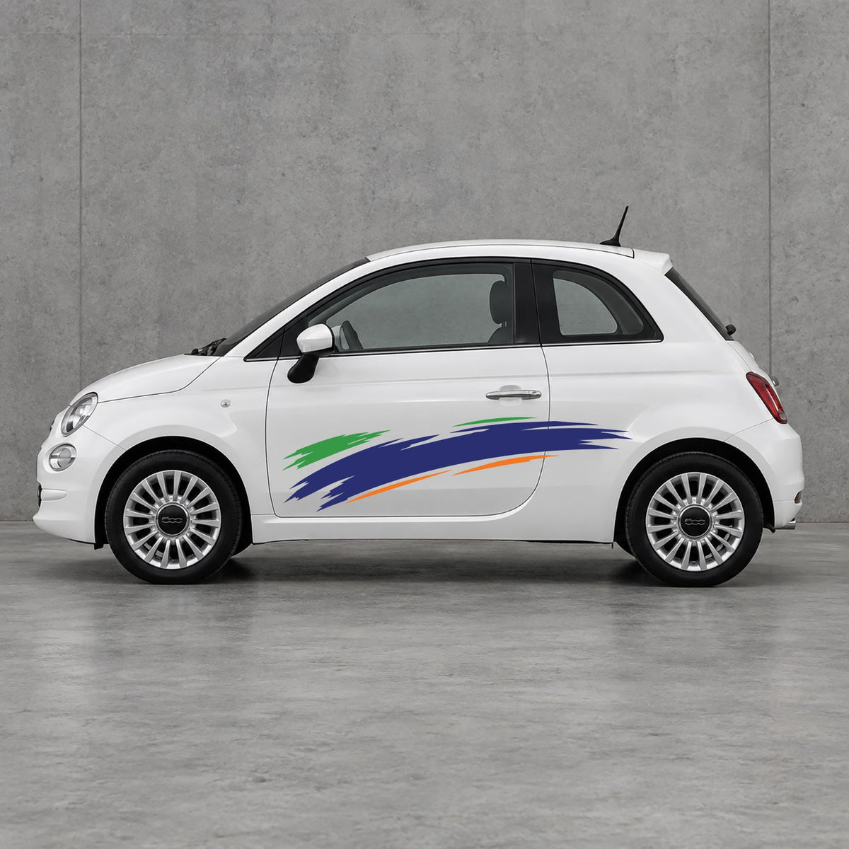 Fiat 500 Italian Green Brush Side Graphics Kit - Pair Supplied in Navy Blue & Orange