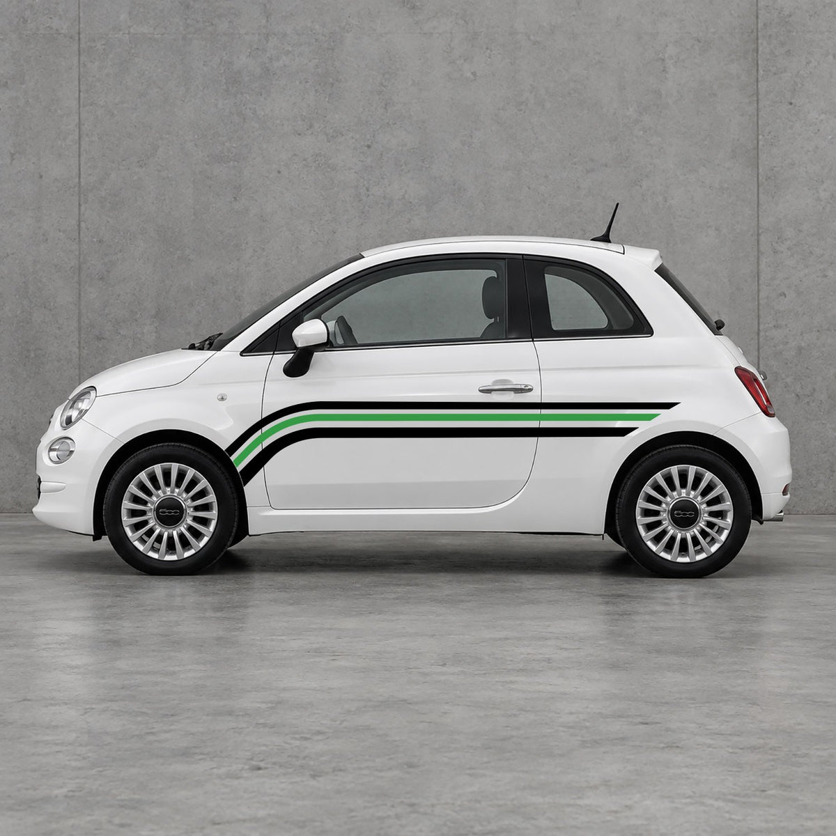 Fiat 500 Retro Triple Side Stripes Kit - Pair Supplied in Black & Green