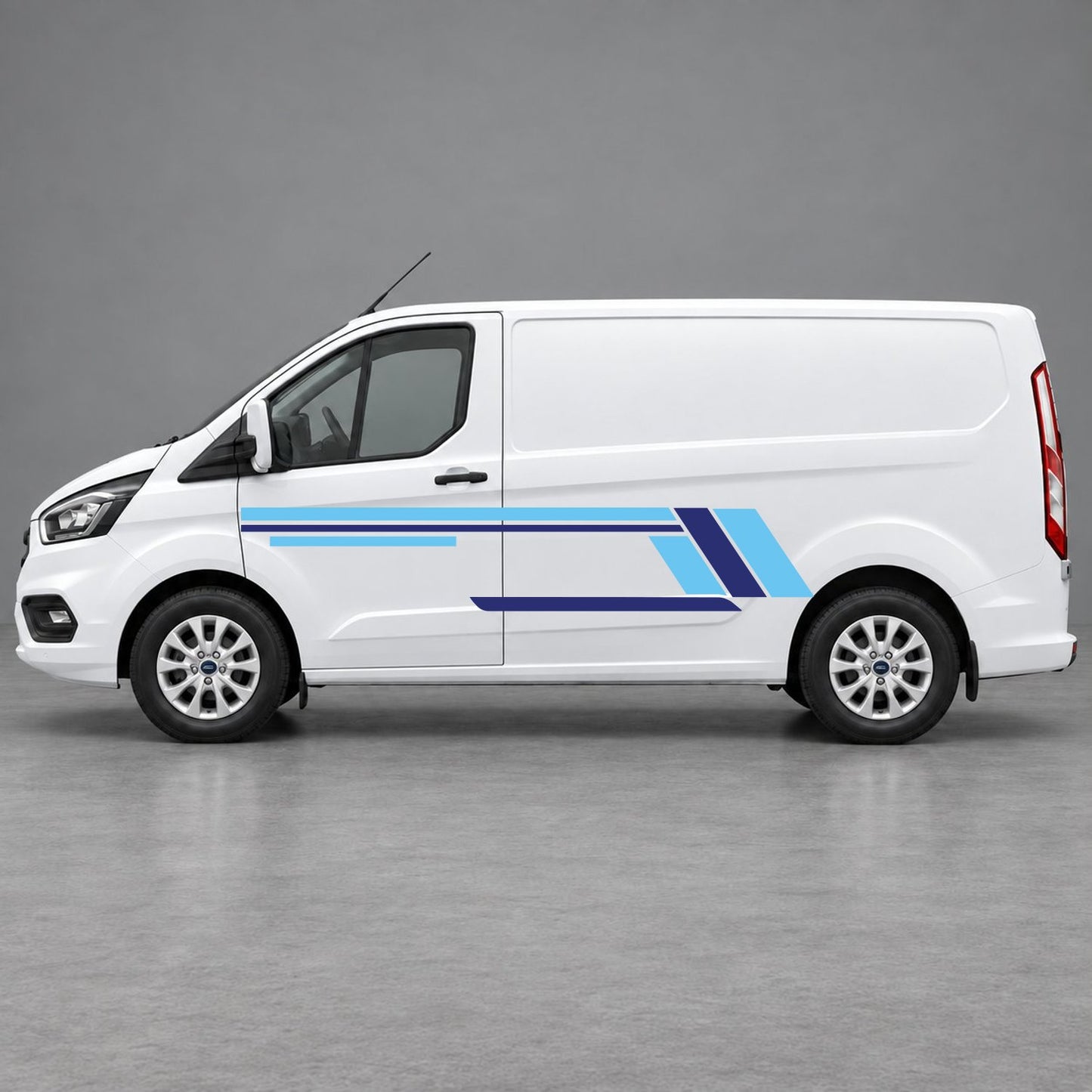 Ford Transit Custom Geometric Outline Side Stripes in Light Blue & Navy Blue
