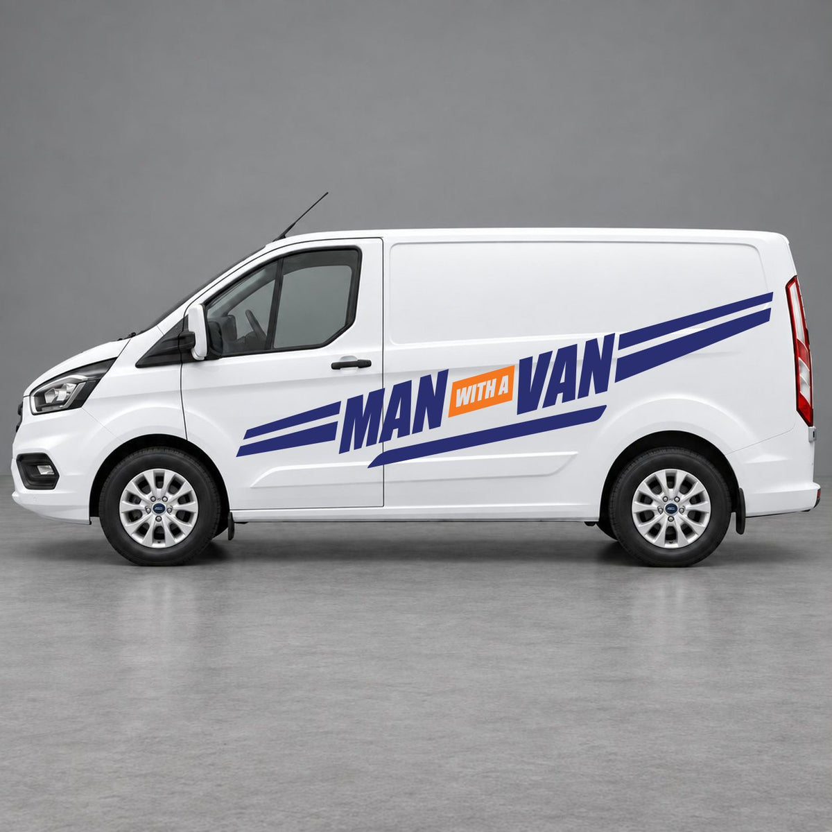 Ford Transit Custom Man with a Van Side Stripes in Navy Blue & Orange
