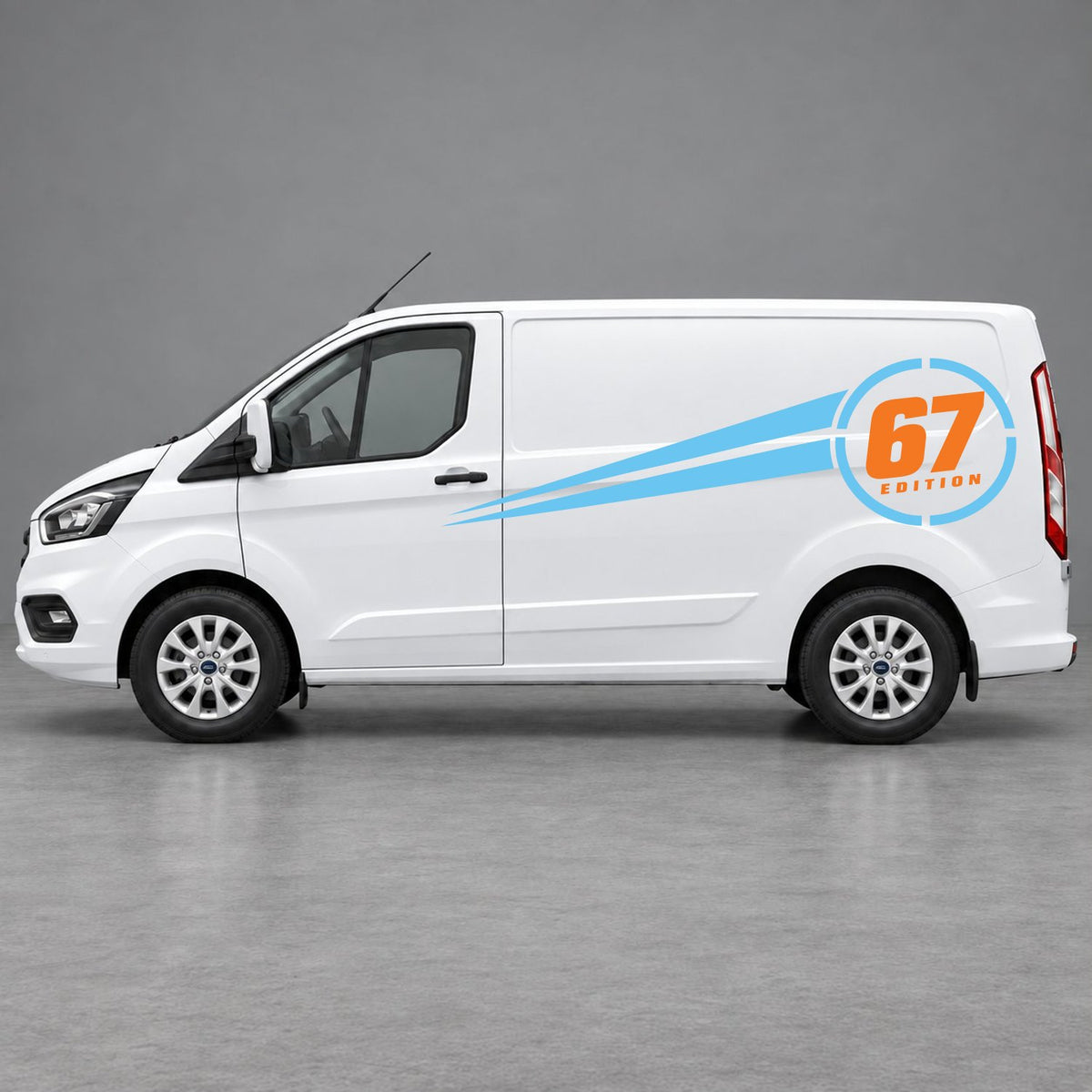 Ford Transit Custom Personalised Number Edition Side Stripes in Light Blue & Orange