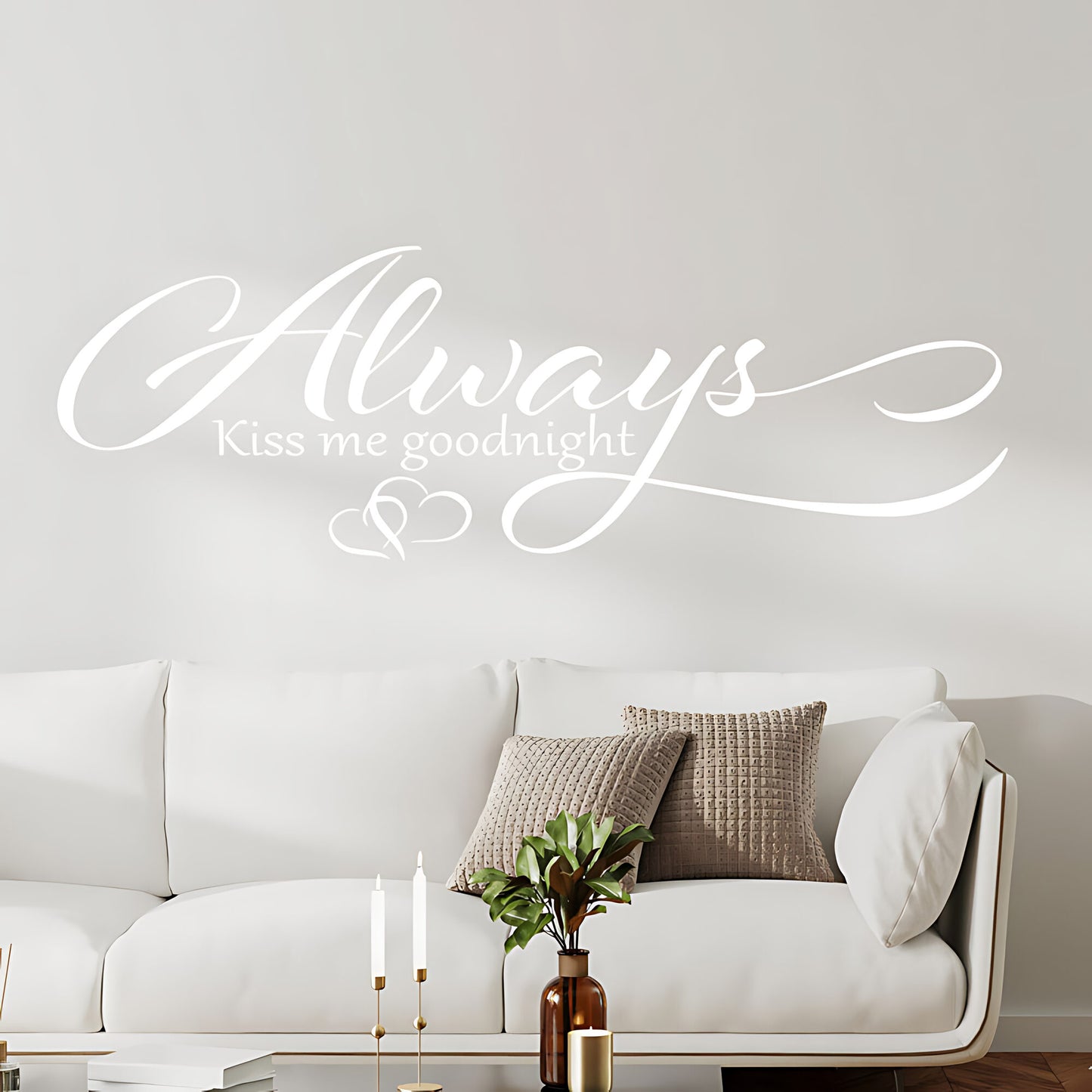 Always Kiss Me Goodnight Wall Sticker – Cursive Script Hearts Bedroom Decal