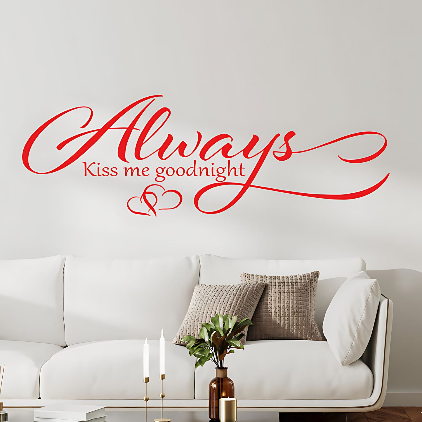 Always Kiss Me Goodnight Wall Sticker – Cursive Script Hearts Bedroom Decal